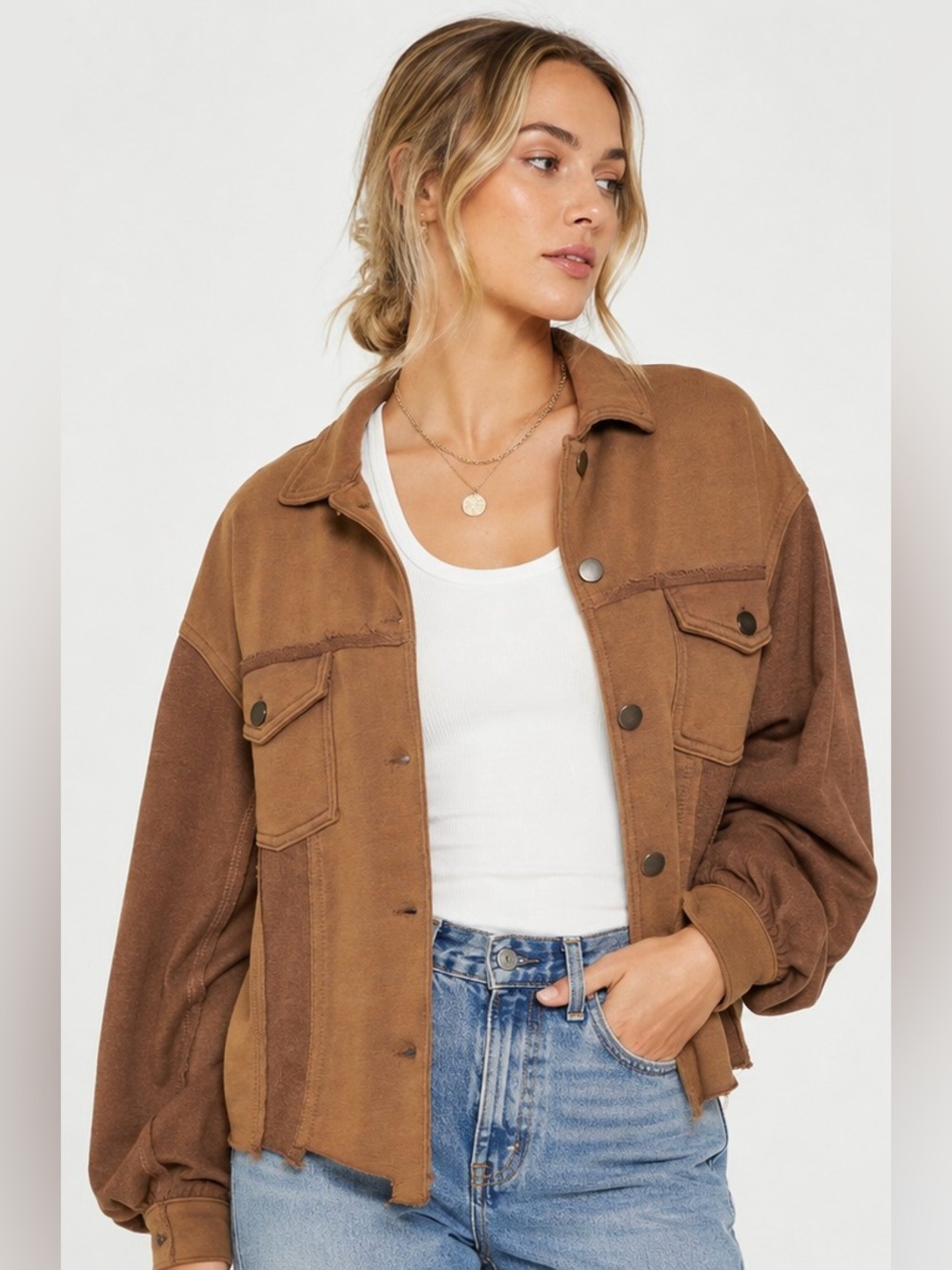POL Brown Button Down Shacket Sweater Jacket Distressed Hem Balloon Sleeves